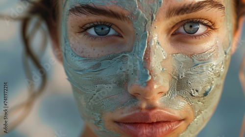 close-up of a young woman s face with a green clay mask applied
