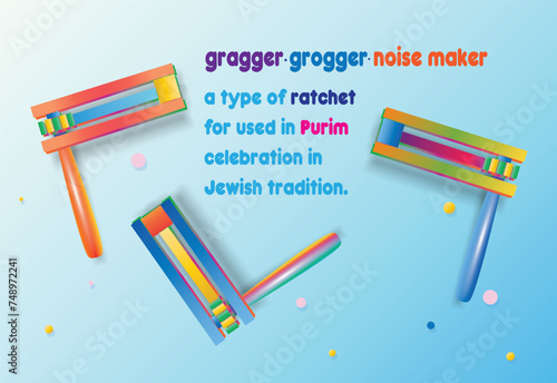 Happy Purim! Text Hebrew, Jewish holiday Purim carnival festival kids event decoration with traditional symbols isolated mask, noisemaker grogger, ratchet, Hamantaschen cookies, masque gifts star sign