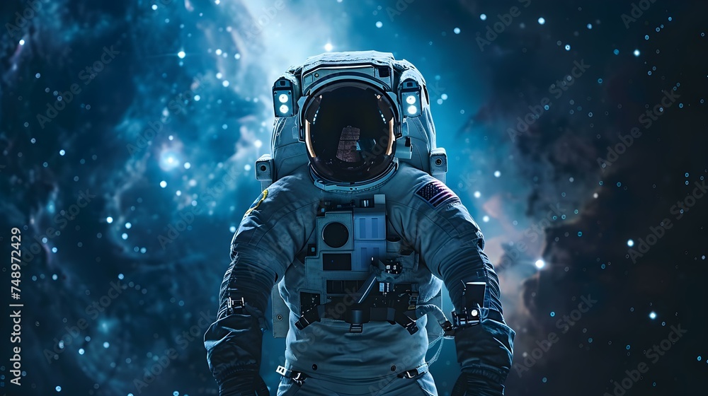 Astronaut floating in space surrounded by glowing stars and deep darkness. Concept Space Photography, Astronaut Portrait, Cosmic Exploration, Starry Universe, Deep Space Spirit - obrazy, fototapety, plakaty 