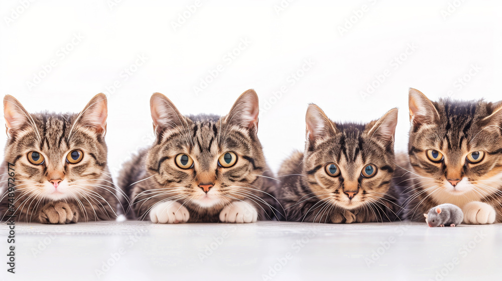 Four cats are laying looking at a mouse on a white background Four cats are laying looking at a mouse on a white background