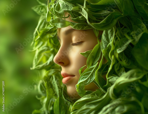 Close-up of a woman with closed eyes enveloped in lush green leaves