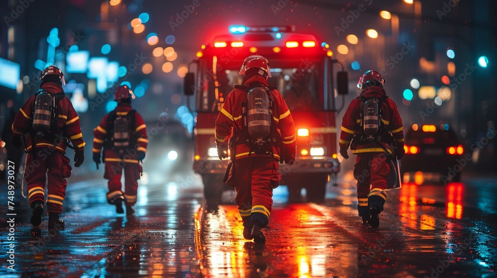 A group of firefighters walk down a dark street in front of a fire truck - obrazy, fototapety, plakaty 