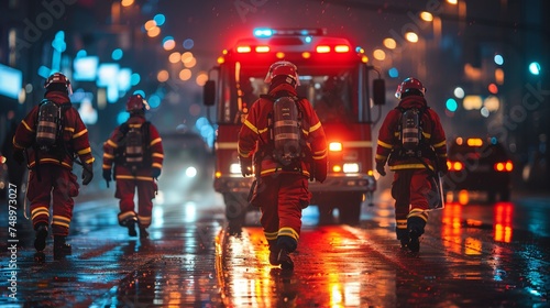 A group of firefighters walk down a dark street in front of a fire truck photo