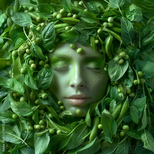 Tranquil woman with closed eyes enveloped in lush green peas and leaves