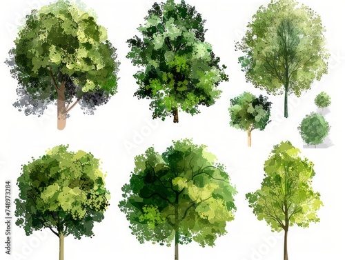 Green Tree Elements in Architecture and Landscape Illustration Generative AI