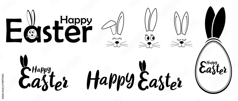 Happy Easter, greeting inscriptions with a rabbit's face and ears in black. Three rabbit's muzzles, the rabbit is sleeping. Vector Easter inscriptions with a rabbit's face. Egg-shaped frame with ears. Happy Easter, greeting inscriptions with a rabbit's face and ears in black. Three rabbit's muzzles, the rabbit is sleeping. Vector Easter inscriptions with a rabbit's face. Egg-shaped frame with ears.