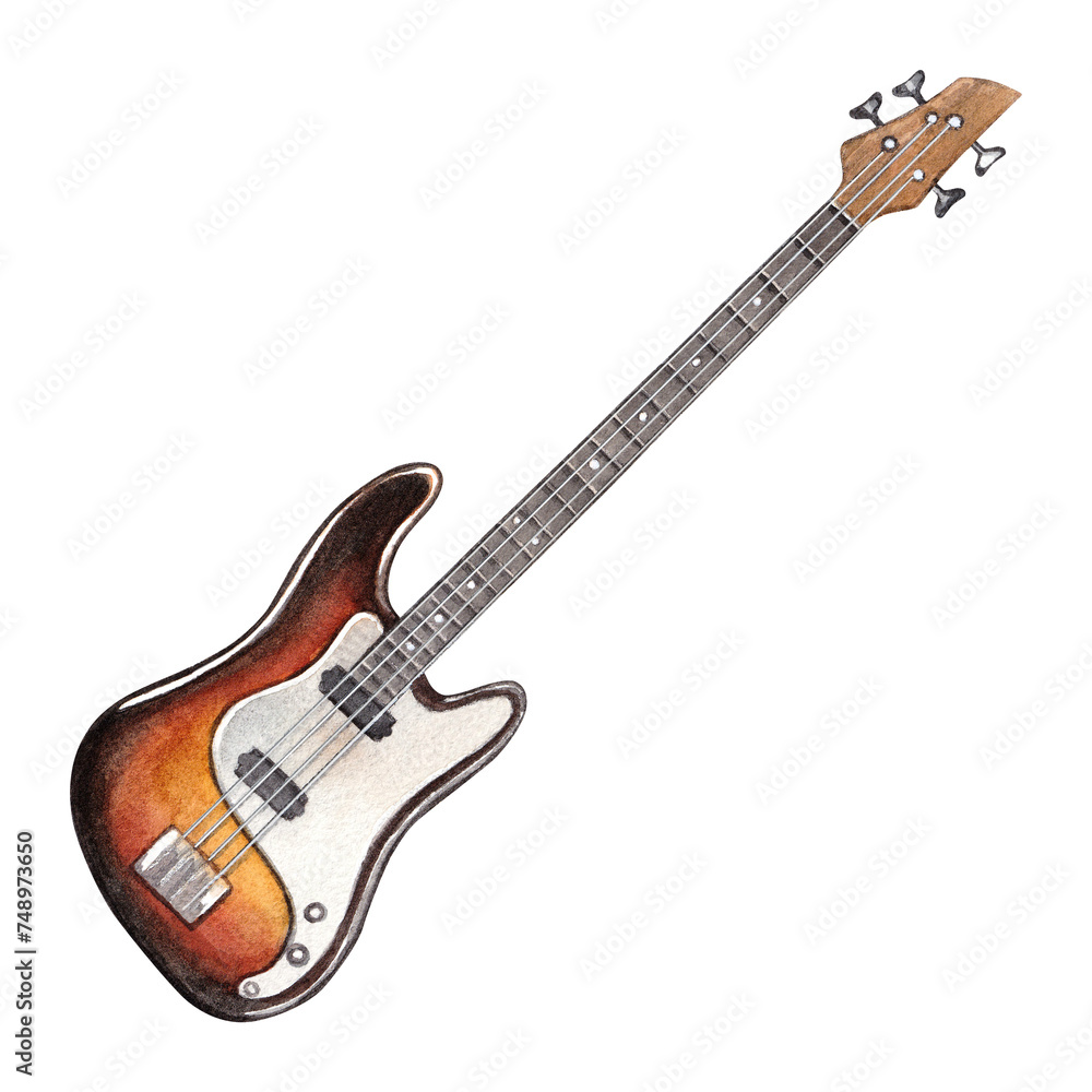 Naklejka premium Electric guitar. Watercolor hand drawn illustration of four string bass. Clipart on a white background. Rock, blues, jazz, pop and other musical styles.