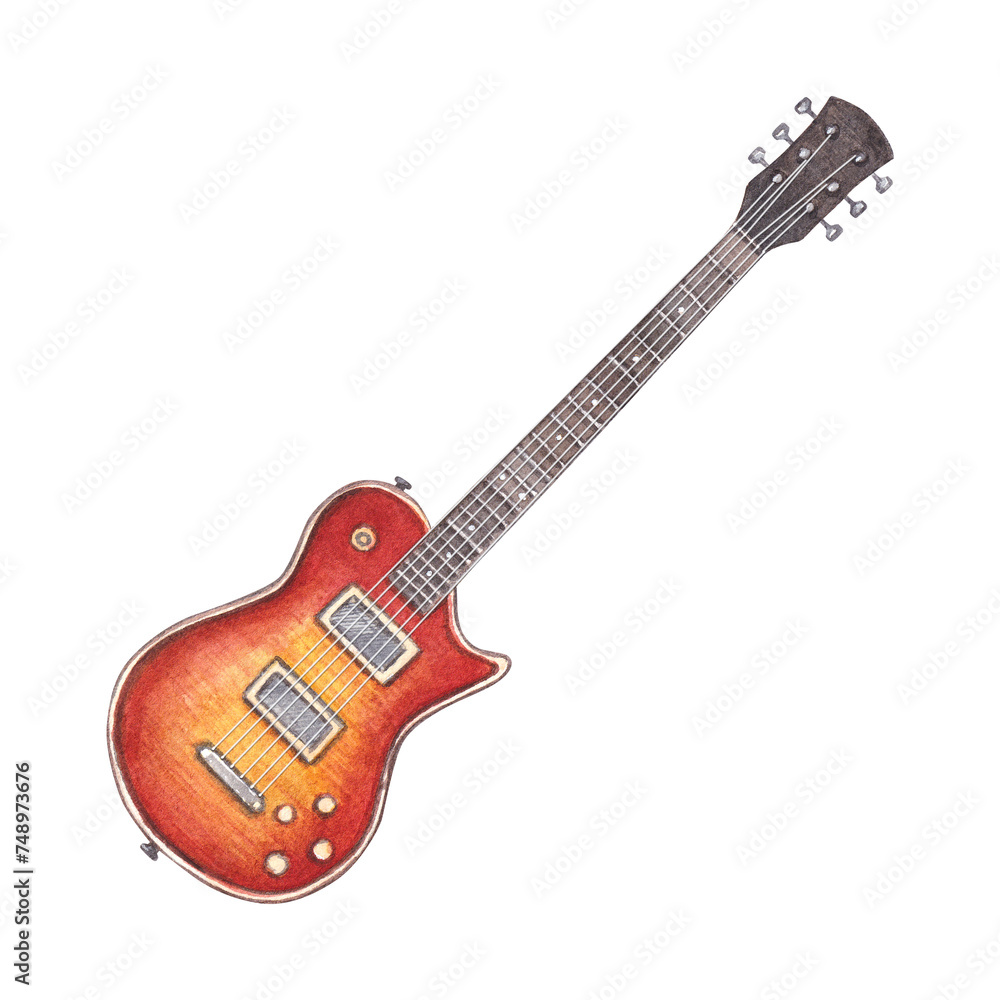 Electric guitar. Watercolor hand drawn illustration of six string guitar. Clipart on a white background. Rock, blues, jazz, pop and other musical styles.