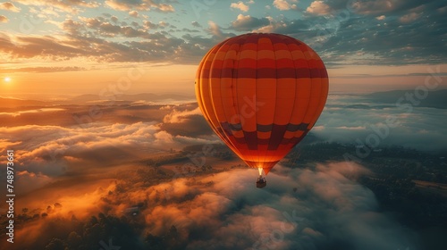 A hot air balloon floats through the sky among the clouds at sunset