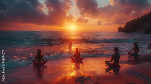 a group of people are sitting in a lotus position on the beach at sunset © yuchen