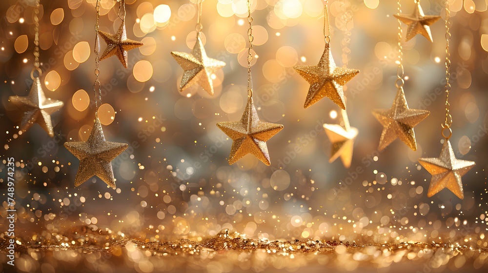 Dazzling golden stars hanging from above creating a whimsical and chic atmosphere. Concept Whimsical Decor, Golden Stars, Chic Atmosphere Dazzling golden stars hanging from above creating a whimsical and chic atmosphere. Concept Whimsical Decor, Golden Stars, Chic Atmosphere