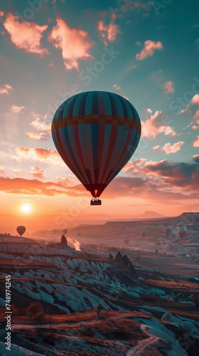 A hot air balloon, filled with passengers, floats gracefully in the sky above a rugged terrain of rocky formations. The vibrant colors of the balloon contrast with the earthy tones of the landscape