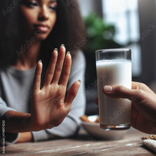 Woman with lactose intolerance or vegan, saying no to cow's milk. Stopping hand sign. Dairy intolerant. Allergy. Refuse to consume animal products. Health, nutrition. Animal rights. Generative AI