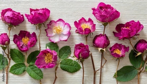 rosa rugosa rugosa rose beach rose japanese rose ramanas rose herbarium from dried blossoming flower arranged in a row photo