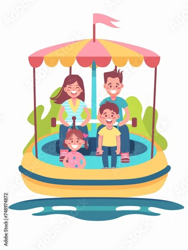 Family Fun Day at a Theme Park: Parents and Children Enjoying a Boat Ride Generative AI