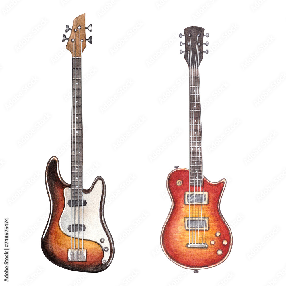 Obraz premium Set of electric guitar and bass guitar. Watercolor hand drawn illustration of an electric guitar. Clipart on a white background. Rock, blues, jazz, pop and other musical styles.