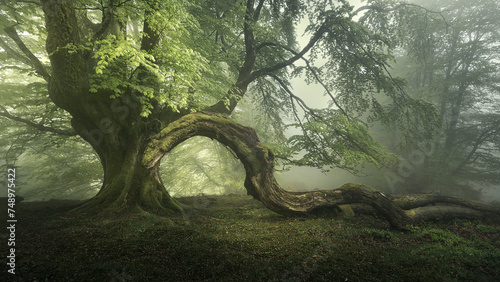 Belaustegi beech forest, in Orozko, Bizkaia, wrapped in fog on a spring day with a fallen branch in the shape of a snake