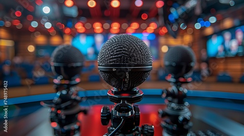Three microphones set on a tripod at an event stage with electric blue lighting