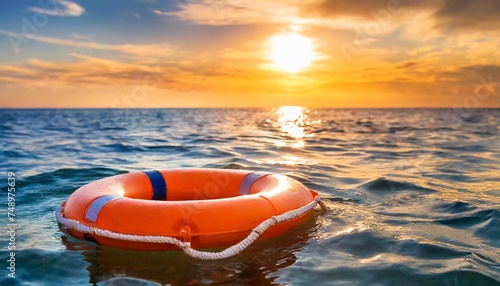 orange lifebuoy floating at sea sunset sunrise wide horizontal banner