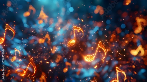 Vibrant and glowing musical notes float in the air symbolizing melodys beauty. Concept Music appreciation, Vibrant melodies, Beautiful notes, Glowing music, Musical inspiration