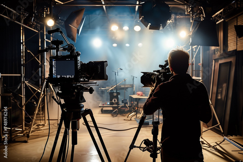 A film industry professional diligently at work in a studio, operating his movie camera