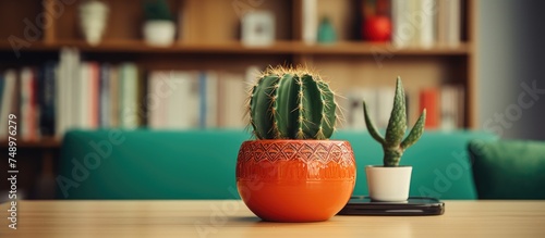 A small green cactus in a pot sits atop a wooden table  adding a touch of nature to the room decor.