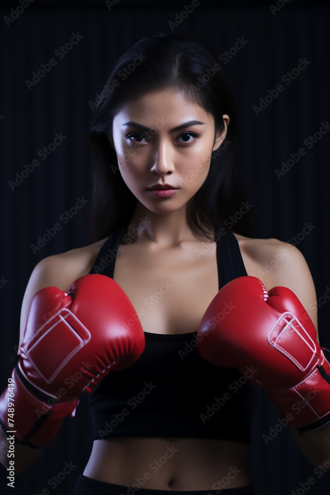 Portrait of young asian woman with boxing glves. Self deffence, wellbeing. High quality photo