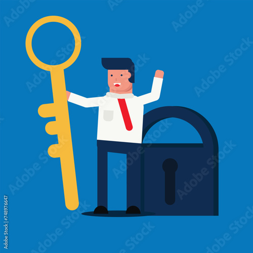 Vector illustration of a male businessman holding a key, depicting a businessman finding a solution