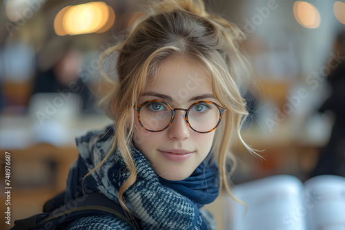  photo of an attractive woman doing homework at the library, glasses, candid photo