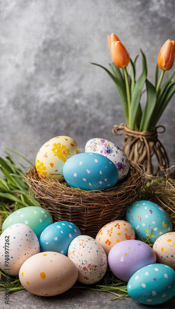 Multicolored Easter eggs on the table with spring flowers - Easter banner with a space for text. rustic Easter background. 