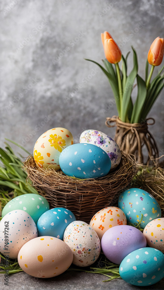 Multicolored Easter eggs on the table with spring flowers - Easter banner with a space for text. rustic Easter background. Multicolored Easter eggs on the table with spring flowers - Easter banner with a space for text. rustic Easter background.