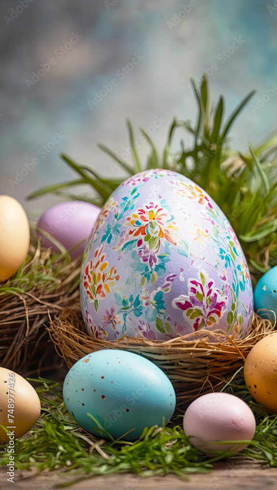 Multicolored Easter eggs on the table with spring flowers - Easter banner with a space for text. rustic Easter background. 