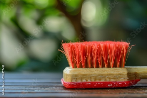 A close up of a red bristle brush on a wooden surface emphasizing tidiness and precision