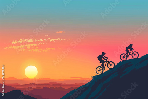 illustration of cycling up a mountain at sunset, with a couple concept