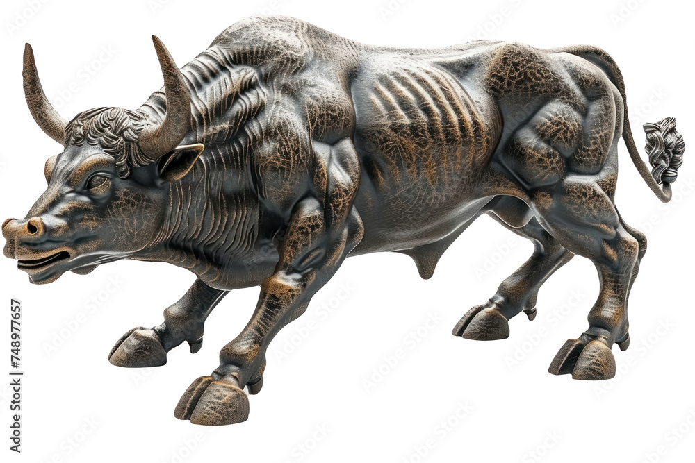 Fototapeta premium bronze bull sculpture in motion isolated on transparent background, for business previews, forex bull graphs
