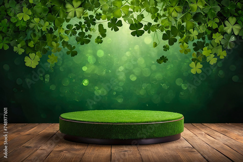 Empty podium for product demonstration and installation Background of green clover for St. Patrick's Day. Patrick Day Banner. 