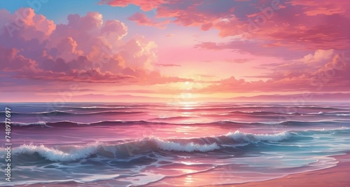 Craft a detailed image of a cute pink ocean during the magical moments of sunrise or sunset. Showcase the vibrant pink hues in the sky, with the clouds casting soft, warm reflections-AI Generative © Sbahat