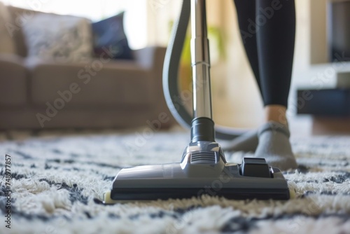 Close-up shot of a person vacuuming a carpet with a focus on cleanliness and order in a living space