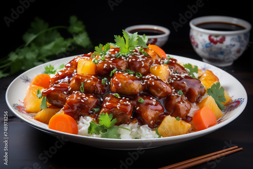 Asian dish Chicken in sweet and sour sauce with rice and herbs in a white plate on a dark background