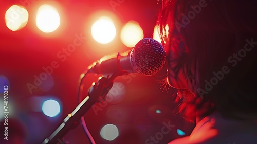 Male soloist with microphone in hand on stage in soft spotlight. Man singing karaoke. Illustration for cover, card, postcard, interior design, poster, brochure, advertising, marketing or presentation. photo