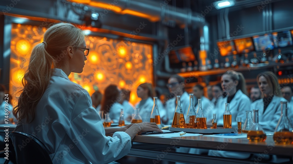 a woman in a lab coat is sitting at a table in front of a group of people