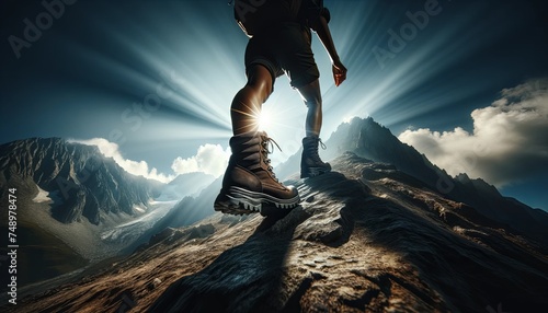 Boot on Mountain Top. Hiker on the top of mountain, boots perspective.