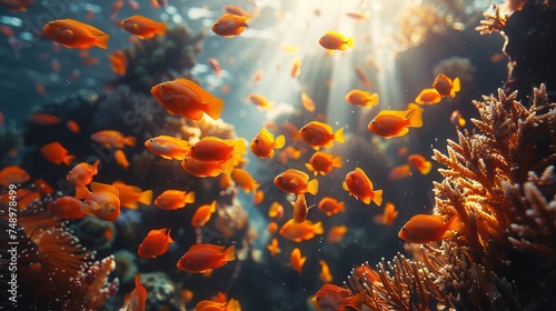 Fish swimming near coral reef in underwater marine biology environment