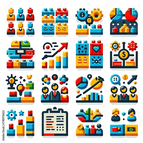 LEGO Business Icons Collection. Icons shows graphics, money and banks, profit, loss.