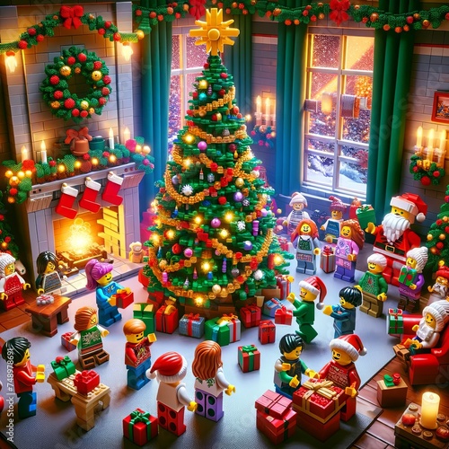 Christmas Celebration Lego Style with Christmas Tree and whole big family. Festive and joyful lego scene that embodies the spirit of a holiday celebration.