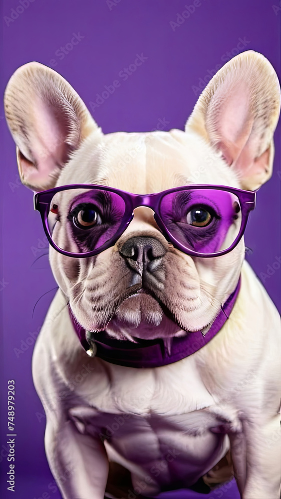 Black French Bulldog with sunglasses posing on a purple background, capturing the essence of the 