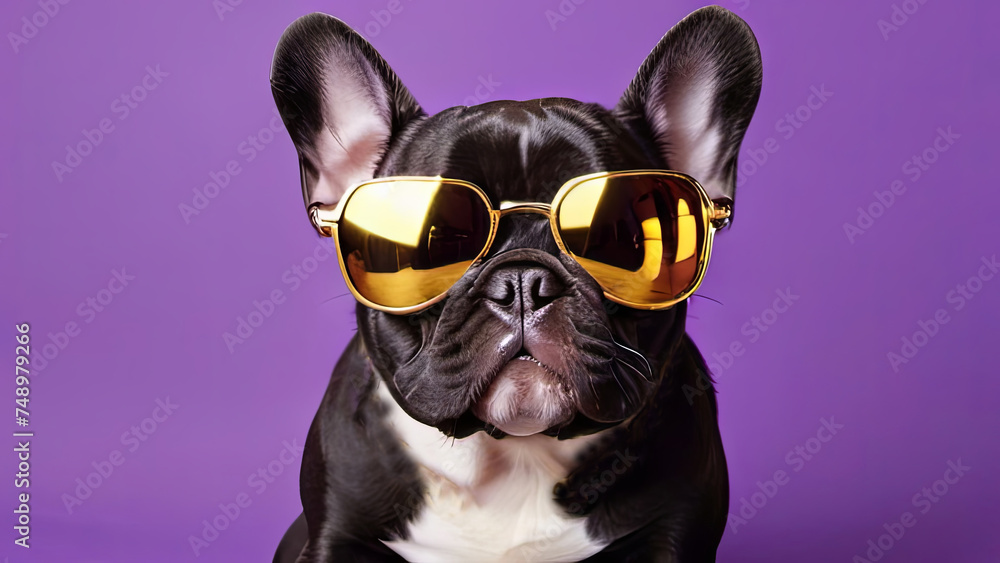 A black bulldog wearing golden metal sunglasses on a purple background. optics, vision, eyesight, sight, eyewear, glasses, lenses