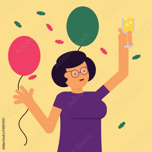 Vector illustration of a young woman holding a glass and celebrating something