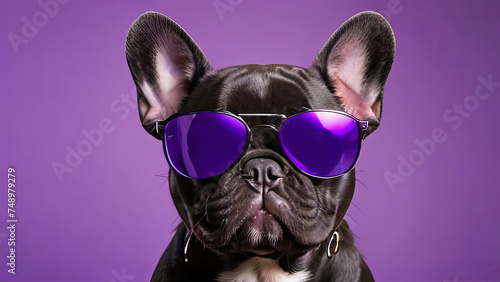 A black bulldog wearing purple aviator sunglasses on a purple background © Halyna