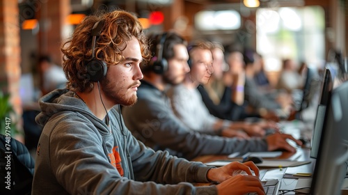 a man wearing headphones is sitting in front of a computer photo